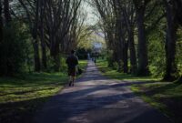 Seorang pekerja berjalan santai di area taman kota untuk meredakan ketegangan pikiran sekaligus menjaga stamina tubuh di sela kesibukan harian.