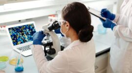 Seorang peneliti medis sedang mengamati sampel sel berbasis rekayasa genetika di dalam laboratorium canggih untuk persiapan prosedur terapi presisi pada pasien penyakit kronis.